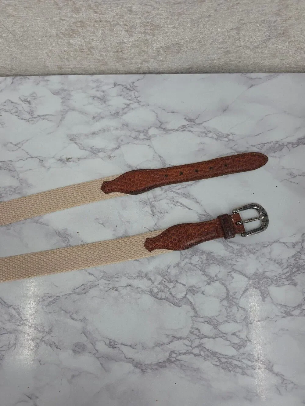 Vintage Cole Haan Men's Woven Cream Belt with Brown Leather Silver Tone Buckle